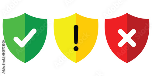 Safe, Caution, and Unsafe Shield Icon Set – Green, Yellow, and Red Warning Labels with Check, Alert, Cross Symbols – Vector Illustration for App or Website