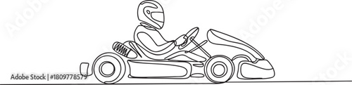 Continuous one line drawing of a karting driver racing in a go-kart, dynamic motorsport action in minimalist outline style vector illustration