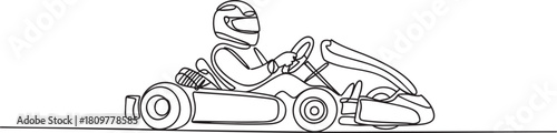 Continuous one line drawing of a karting driver racing in a go-kart, dynamic motorsport action in minimalist outline style vector illustration