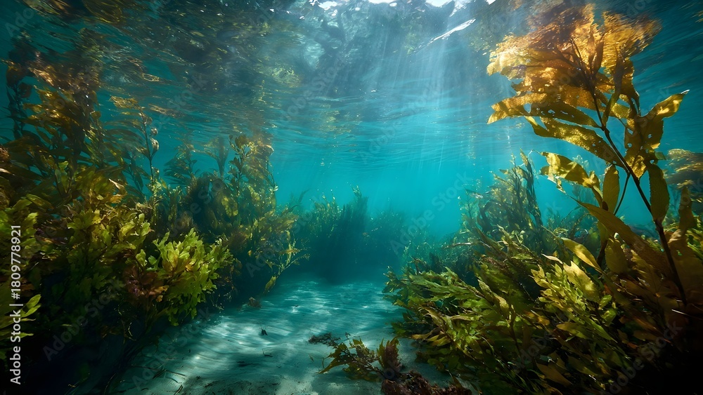 Fototapeta premium Sunlit Underwater Kelp Forest a Vibrant Marine Ecosystem with Shimmering Light