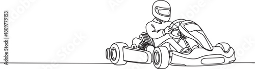 Continuous one line drawing of a karting driver racing in a go-kart, dynamic motorsport action in minimalist outline style vector illustration