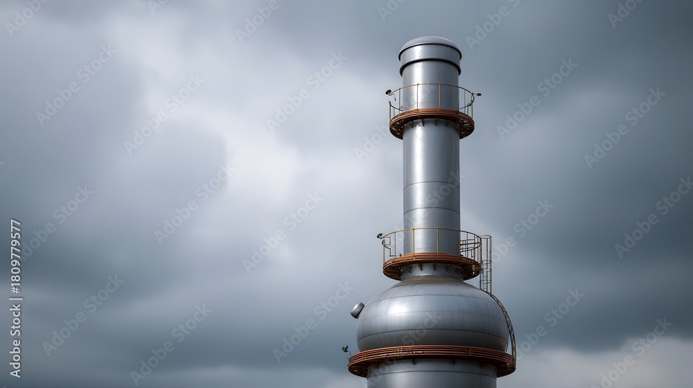 Obraz premium A tall polished metal industrial distillation column with exterior platforms set against a dramatic overcast sky
