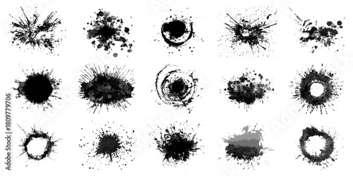 Abstract ink circle silhouette set with hand drawn brush lines artistic spatter texture .black and white vector collection of artistic round brushstroke shape background design .
