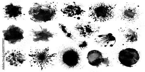 Abstract ink circle silhouette set with hand drawn brush lines artistic spatter texture .black and white vector collection of artistic round brushstroke shape background design .