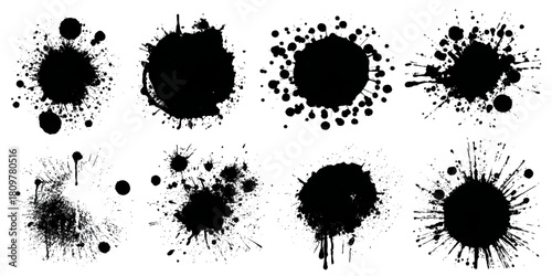 Abstract ink circle silhouette set with hand drawn brush lines artistic spatter texture .black and white vector collection of artistic round brushstroke shape background design .