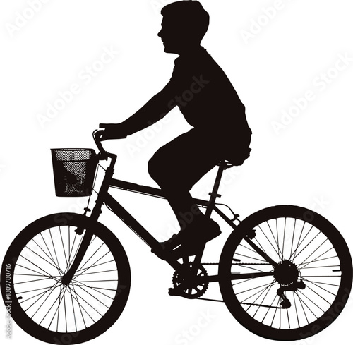 Silhouette of a person riding a bicycle with a basket on the handlebars