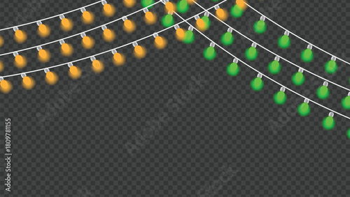 Glowing orange and green string lights on transparent background perfect for festive celebrations, holiday decorations, party designs, creating bright, cheerful ambiance