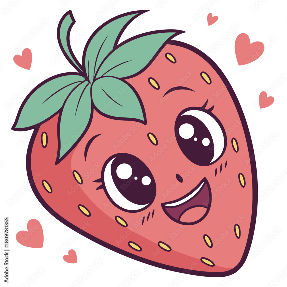Obraz premium Cute strawberry cartoon character isolated on with hearts