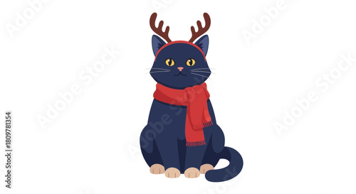 Festive black cat wearing a red scarf and reindeer antlers for the holiday season. Cute cartoon animal character for Christmas. Vector