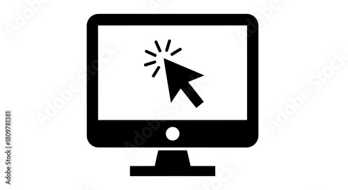 A simple black vector icon of a desktop computer monitor with a clicking arrow cursor, illustrating web navigation and user interface