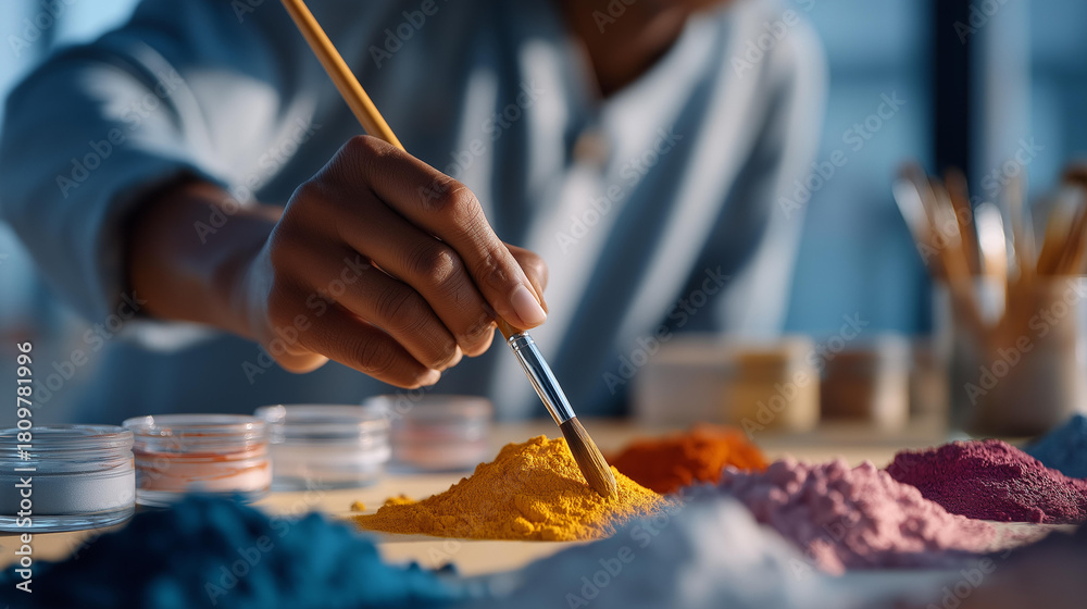 Obraz premium Close-up of hand dipping brush into vibrant pigments under natural light — representing artistic mindfulness, color exploration, and creative content for social media or lifestyle blogs. cinematic