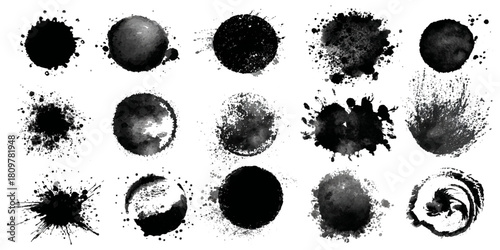 Abstract ink circle silhouette set with hand drawn brush lines artistic spatter texture .black and white vector collection of artistic round brushstroke shape background design .