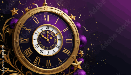 Elegant new years eve countdown clock with gold accents and purple details, marking the passage of time and anticipation of the upcoming celebration