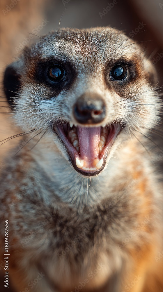 Fototapeta premium Close up of a meerkat with open mouth and visible teeth against blurred background