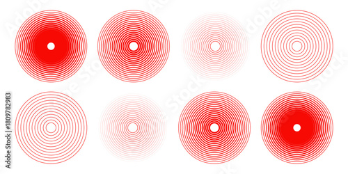 Red concentric ripple circles set. Sonar or sound wave rings collection. Epicentre, target, radar icon concept. Radial signal or vibration elements. line vector illustration