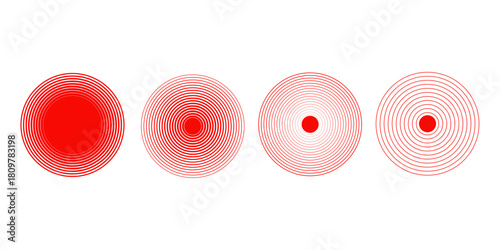 Red concentric ripple circles set. Sonar or sound wave rings collection. Epicentre, target, radar icon concept. Radial signal or vibration elements. line vector illustration