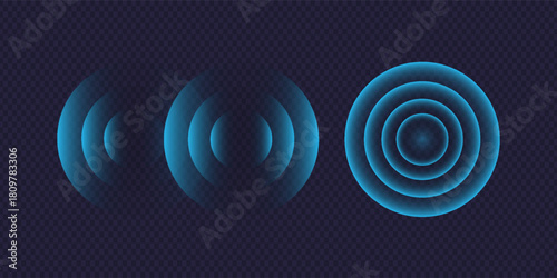 Sound wave. Signal concentric circle. Round light effect. Wifi range. Radio station signal. Water ripple with circle waves. A place or a painful point. Radar screen. Vector effect.