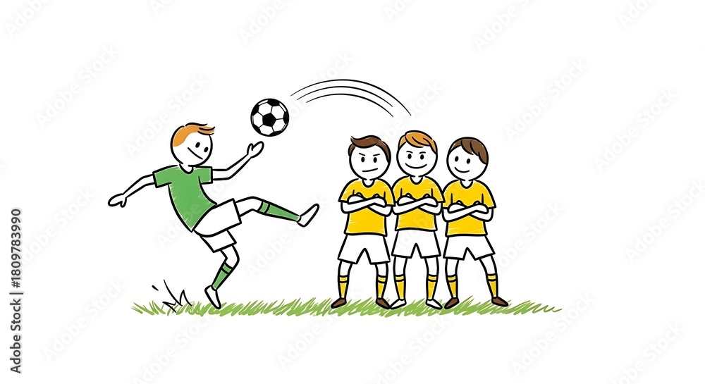 Fototapeta premium Cartoon illustration of a soccer player kicking a ball over a wall of players.