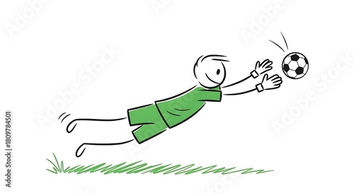 Stick Figure Goalie Diving to Save Soccer Ball Illustration.
