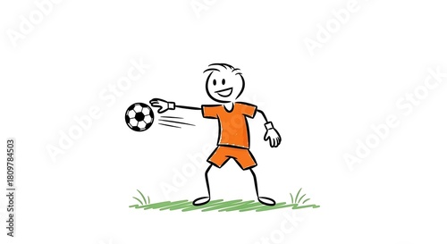 Stick Figure Goalkeeper Throwing Soccer Ball Cartoon Illustration.