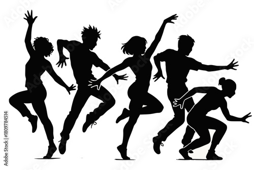 Five people in dynamic dance poses, captured as black silhouettes with expressive movement, white background