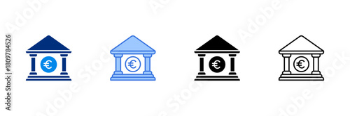 Bank Icon Set With Euro Currencies
