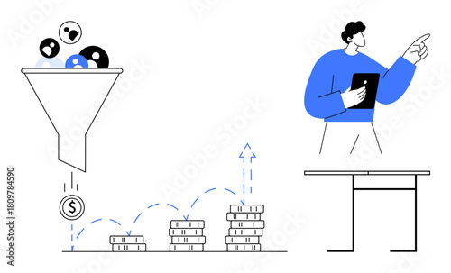 Funnel filtering audience leads into currency, stacked coins increasing, professional holding tablet. Ideal for marketing, sales strategy, customer conversion, revenue growth, business analysis