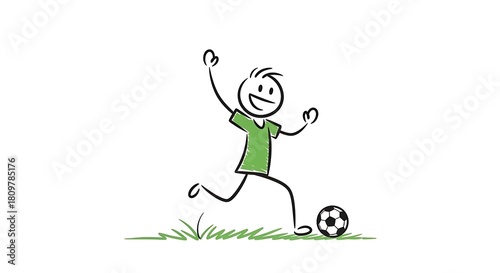 Stick Figure Soccer Player Kicking Ball with Joyful Expression.