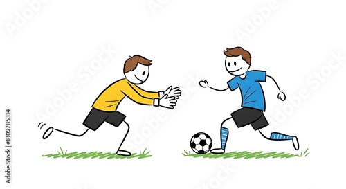 Stick figure soccer players in action on the field.