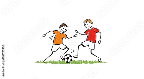 Two Stick Figure Boys Playing Soccer with a Ball.