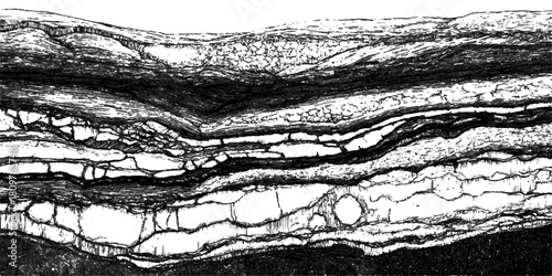 Abstract natural rock formation backdrop with stratified stone .surface grungy black rugged geological structure background design .