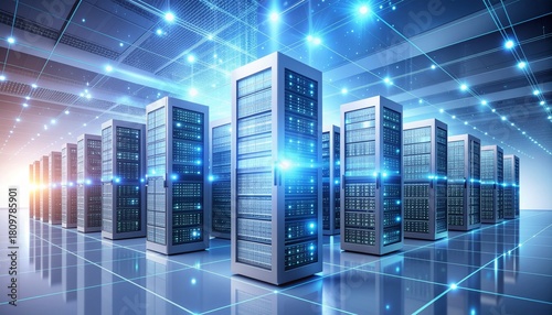 Powerful data servers humming in a modern, secure data center environment with digital network connections and bright blue lighting, perfect for tech solutions