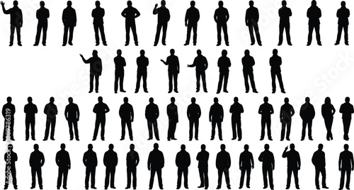 Big collection of men silhouettes standing in different poses, male people vector illustration isolated on white, casual group set.