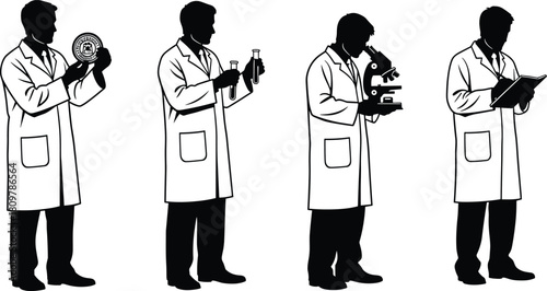 Collection of scientist silhouettes in lab coats, performing research with microscope and test tubes, isolated on white background, vector.