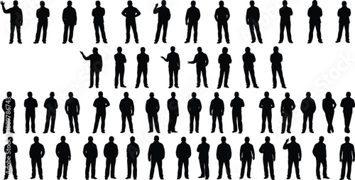 Collection of standing men silhouettes, vector black male figures isolated on white background, diverse poses for design, architectural visualization