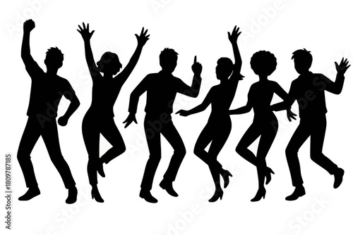 A celebratory scene showing a lineup of dancing figures in silhouette, each striking a unique pose, white background