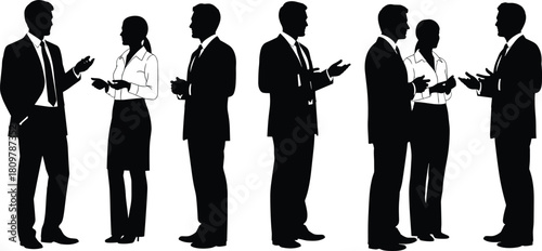 Group of business people silhouettes talking and standing, men and women in suits, corporate team discussion vector illustration, professional staff