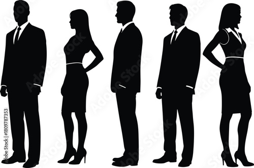 Group of business people silhouettes, men and women standing in suits, professional corporate team vector illustration, executive staff concept