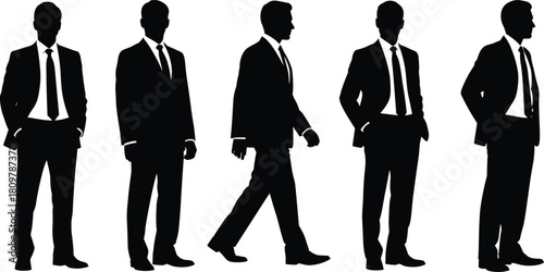 Group of businessmen silhouettes wearing suits and ties, standing and walking poses, corporate executive vector illustration, professional team concept, formal attire