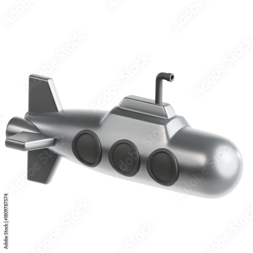 3D Model Illustration of a Sleek Silver Submarine with Circular Windows on its Hull