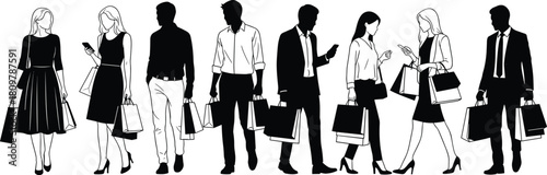Group of fashionable people walking with shopping bags, black and white silhouette illustration, retail consumerism, seasonal sale event, holding packages, vector art