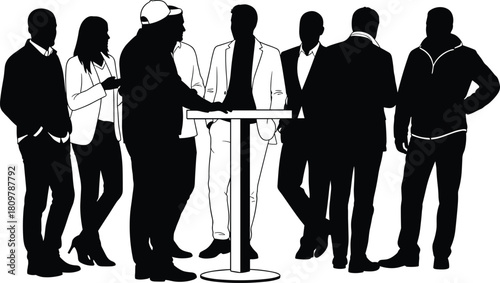 Group of people silhouettes, friends talking at bar, business team standing together, black and white vector illustration, social networking event