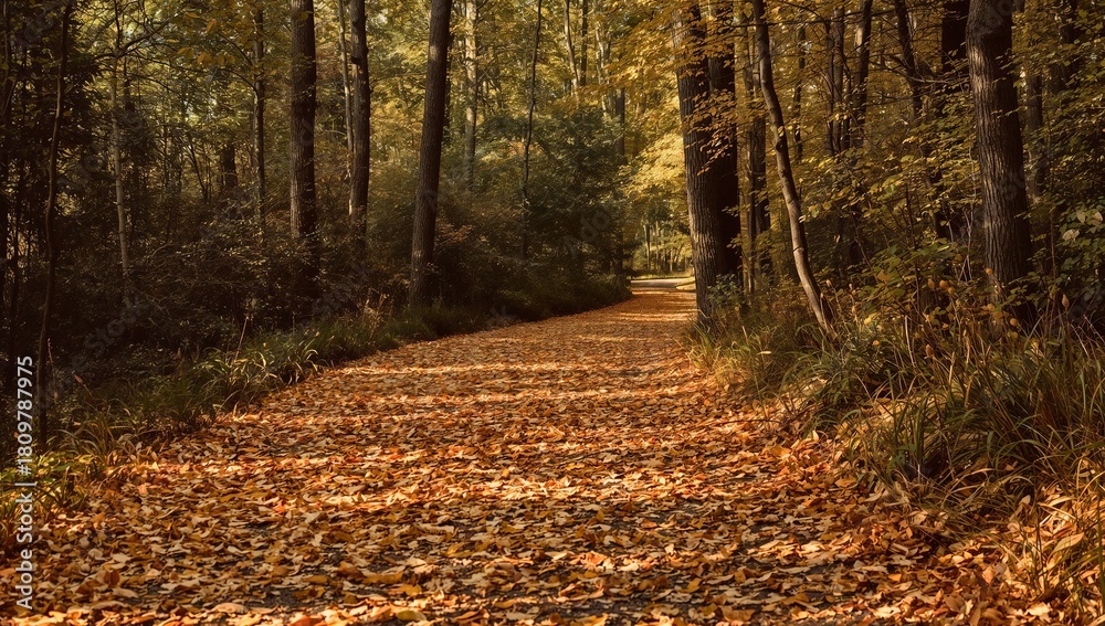 Obraz premium A forest path carpeted with yellow and orange autumn leaves, with dappled sunlight filtering through the trees. A tranquil, seasonal landscape for a peaceful nature walk. 