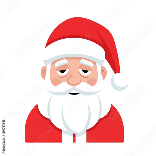 Apathetic santa with lowered gaze wearing red hat and suit representing seasonal exhaustion and