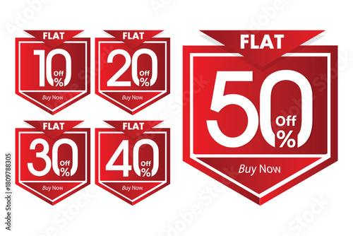 A vector illustration tutorial of a set of red and white discount sale badges for commercial use, offering Flat 10%, 20%, 30%, 40%, and 50% Off with 'Buy Now' text.