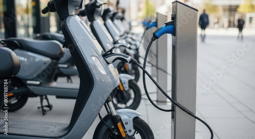 Electric scooter charging at station for convenient transportation. Electric scooter connected to charging station, showing eco friendly energy in urban environment.