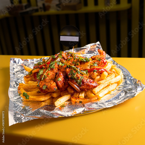 Quadro em tela Delicious loaded french fries topped with savory chili and fresh green onions se