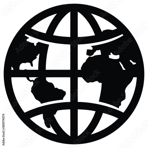 Black silhouette of the earth globe with continents and meridians on transparent background