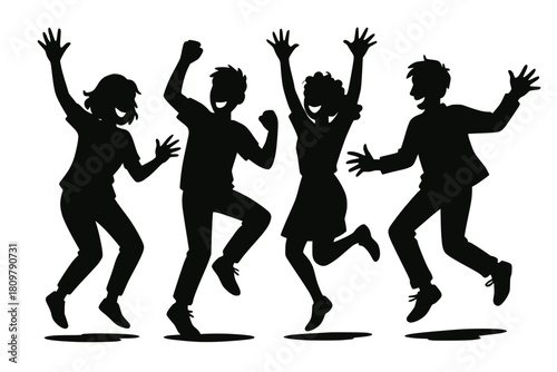 Shadow-style illustration of friends jumping and dancing with joyful, exaggerated gestures, white background
