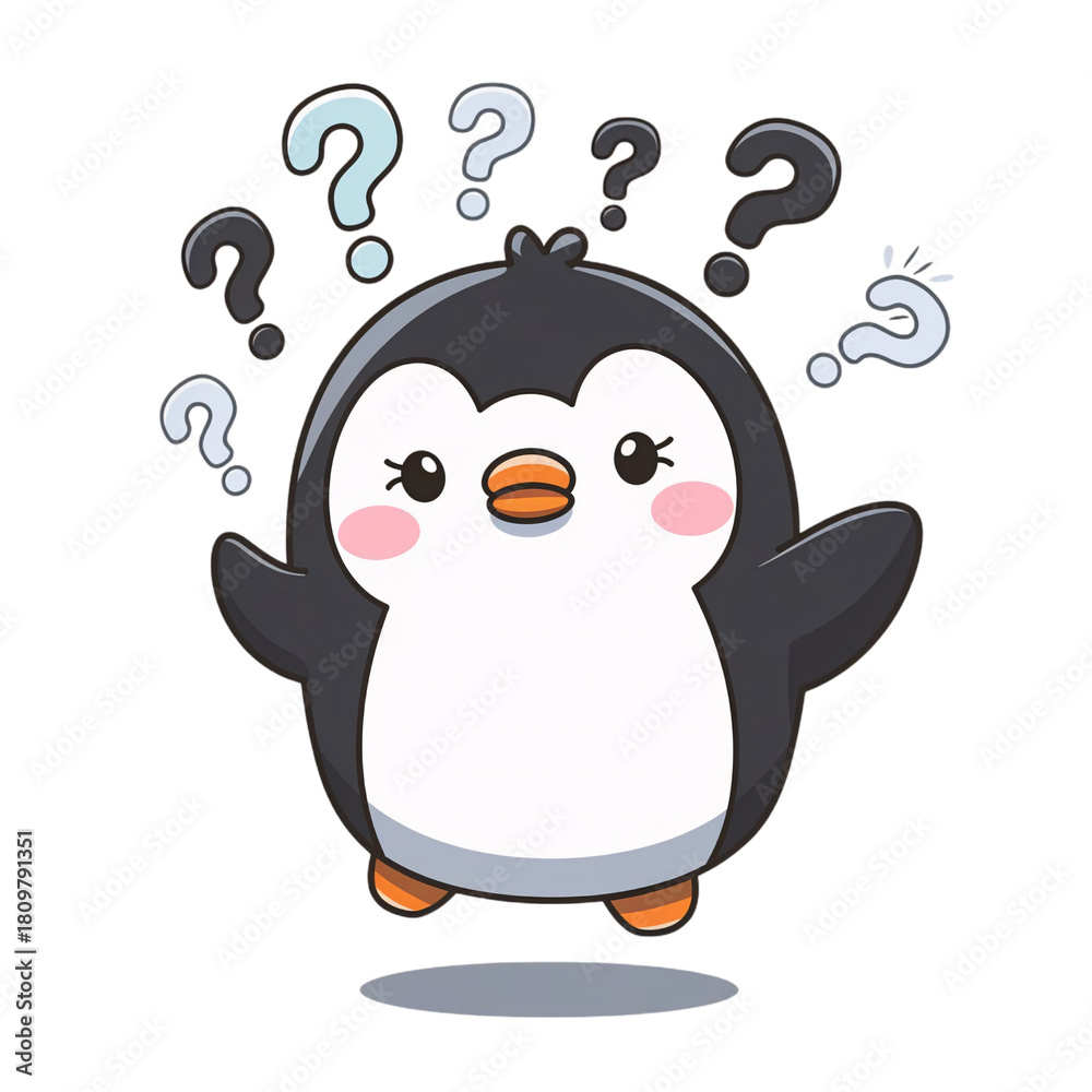 Fototapeta premium Confused cute penguin with question marks isolated on transparent background